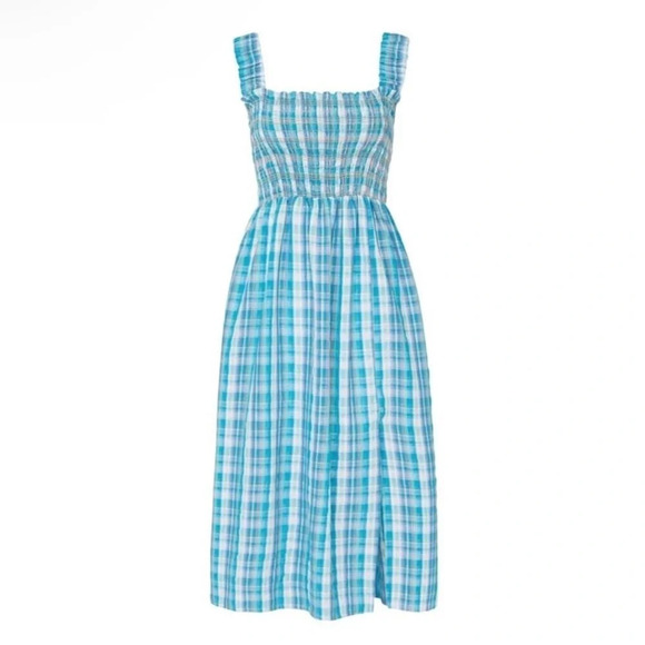 NICHOLAS Dresses & Skirts - Nicholas Smocked Apron Plaid Midi Dress Turquoise Blue 2 Summer Boho Coastal